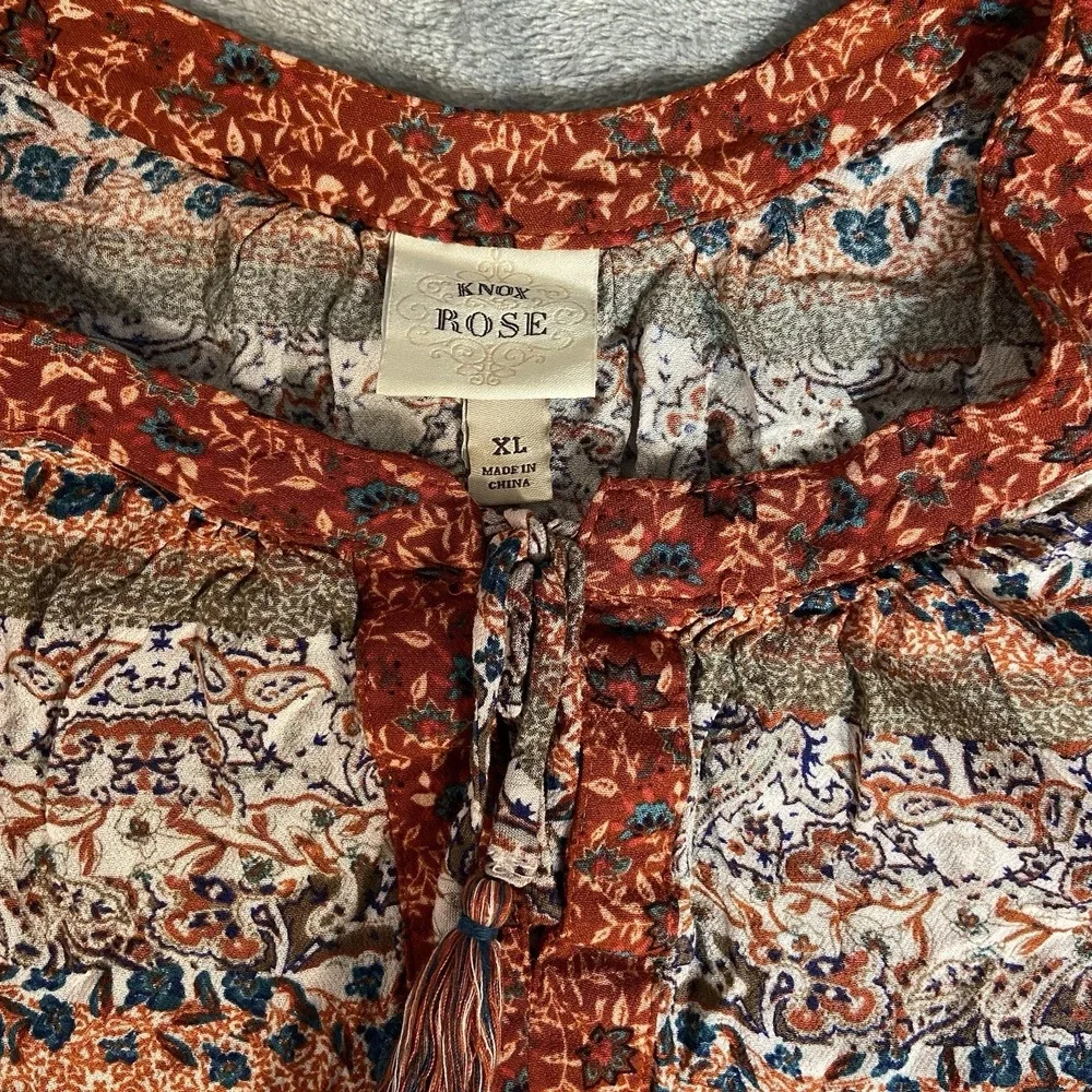 Knox Rose‎ Top Womens XL Babydoll Tank Burgundy Boho Floral Tassel Tie Ruffle